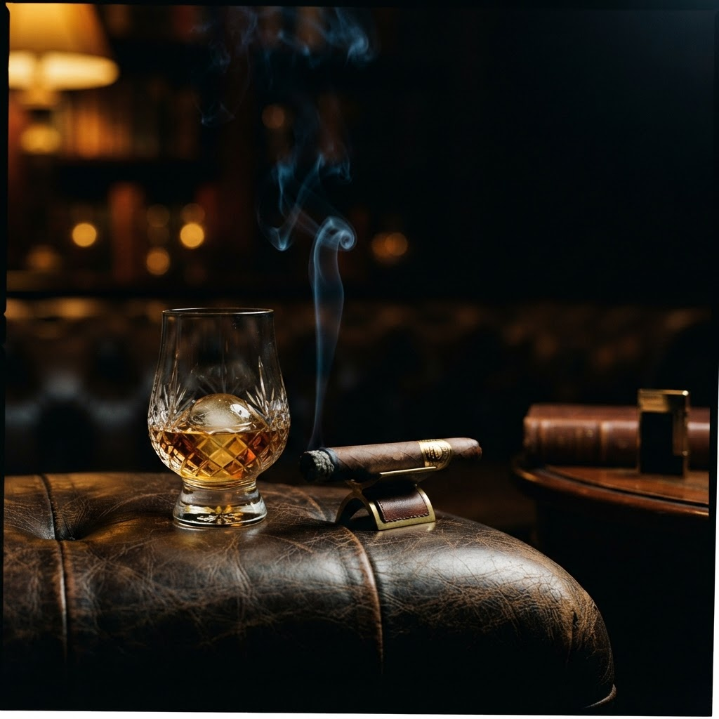A glass of amber whiskey beside a lit premium cigar on dark leather
